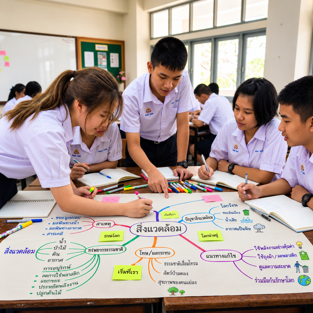 นักเรียนช่วยกันสรุปบทเรียนลงบน Mind Map