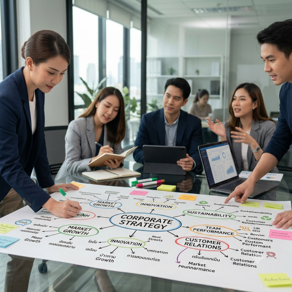ทีมงานวางแผนกลยุทธ์ร่วมกันบน Mind Map