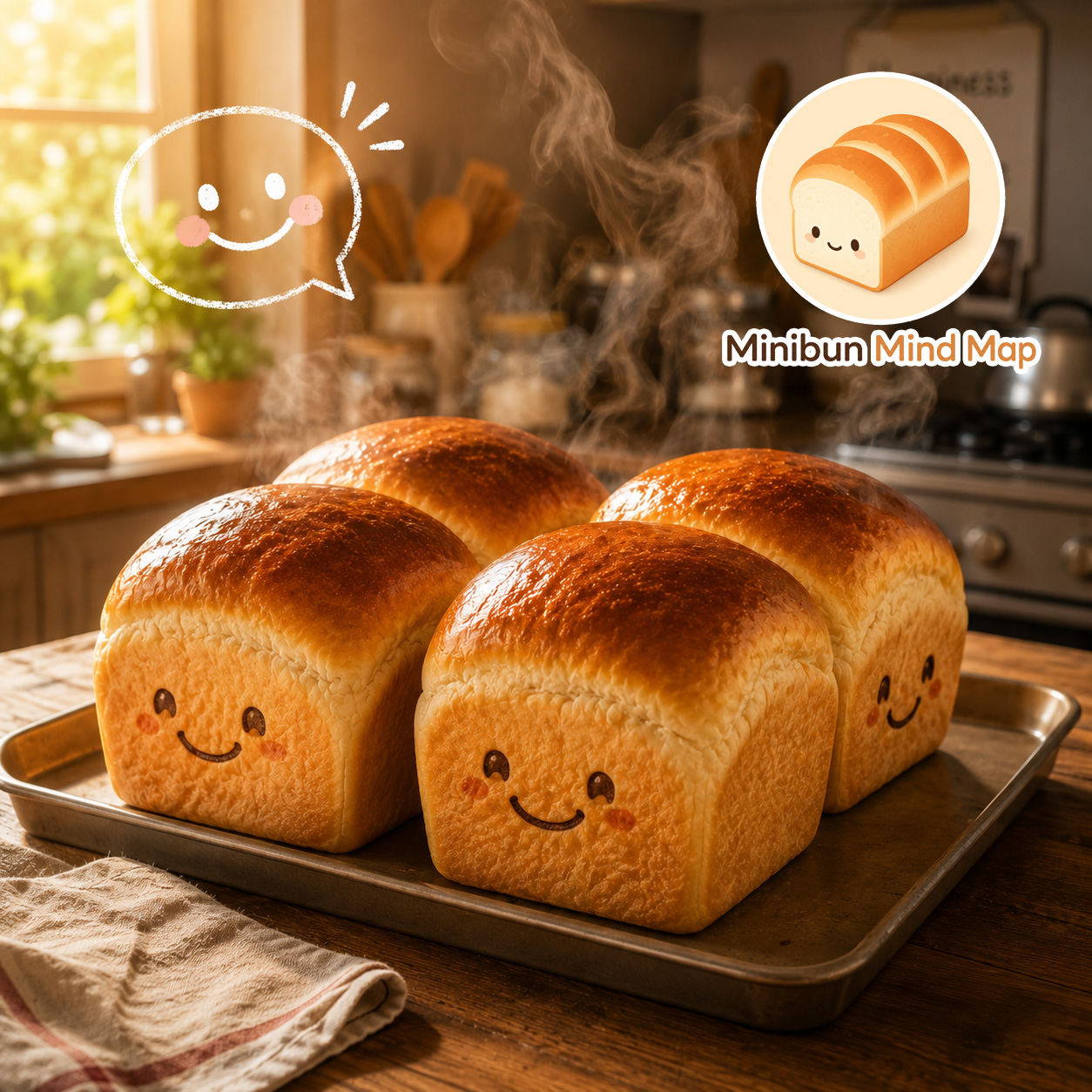 ขนมปัง Minibun หน้ายิ้มอบร้อนใหม่บนถาด